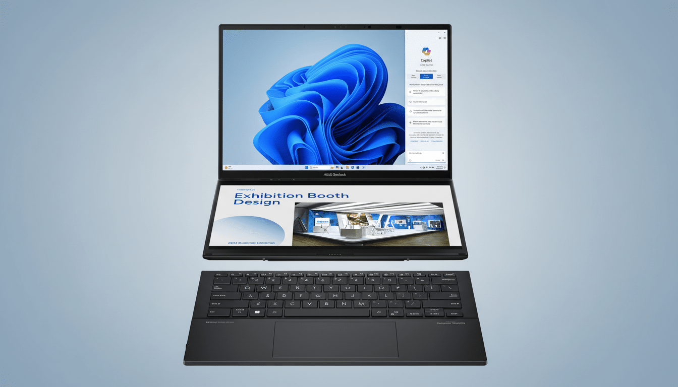 A black ASUS Zenbook laptop with a dual screen display, showcasing Windows 11 on the top screen and an Exhibition Booth Design presentation on the bottom screen, set against a professional light blue gradient background.
