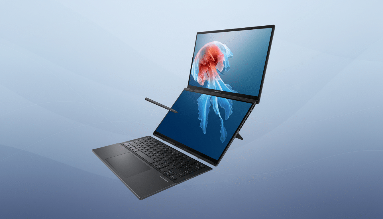 A black ASUS Zenbook 17 Fold OLED laptop with a stylus, set against a professional blue gradient background with subtle patterns.
