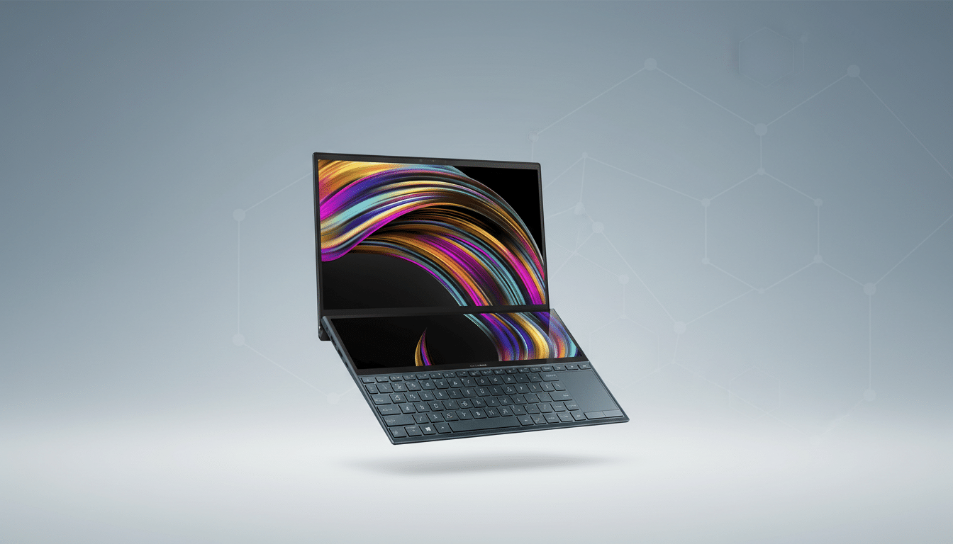 A dark blue ASUS ZenBook Duo laptop with a dual screen display, featuring a colorful abstract wallpaper, is presented on a professional gray background with subtle geometric patterns.