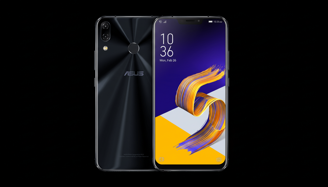 A black ASUS smartphone, shown from the front and back, against a black background. The front screen displays a colorful abstract wallpaper.