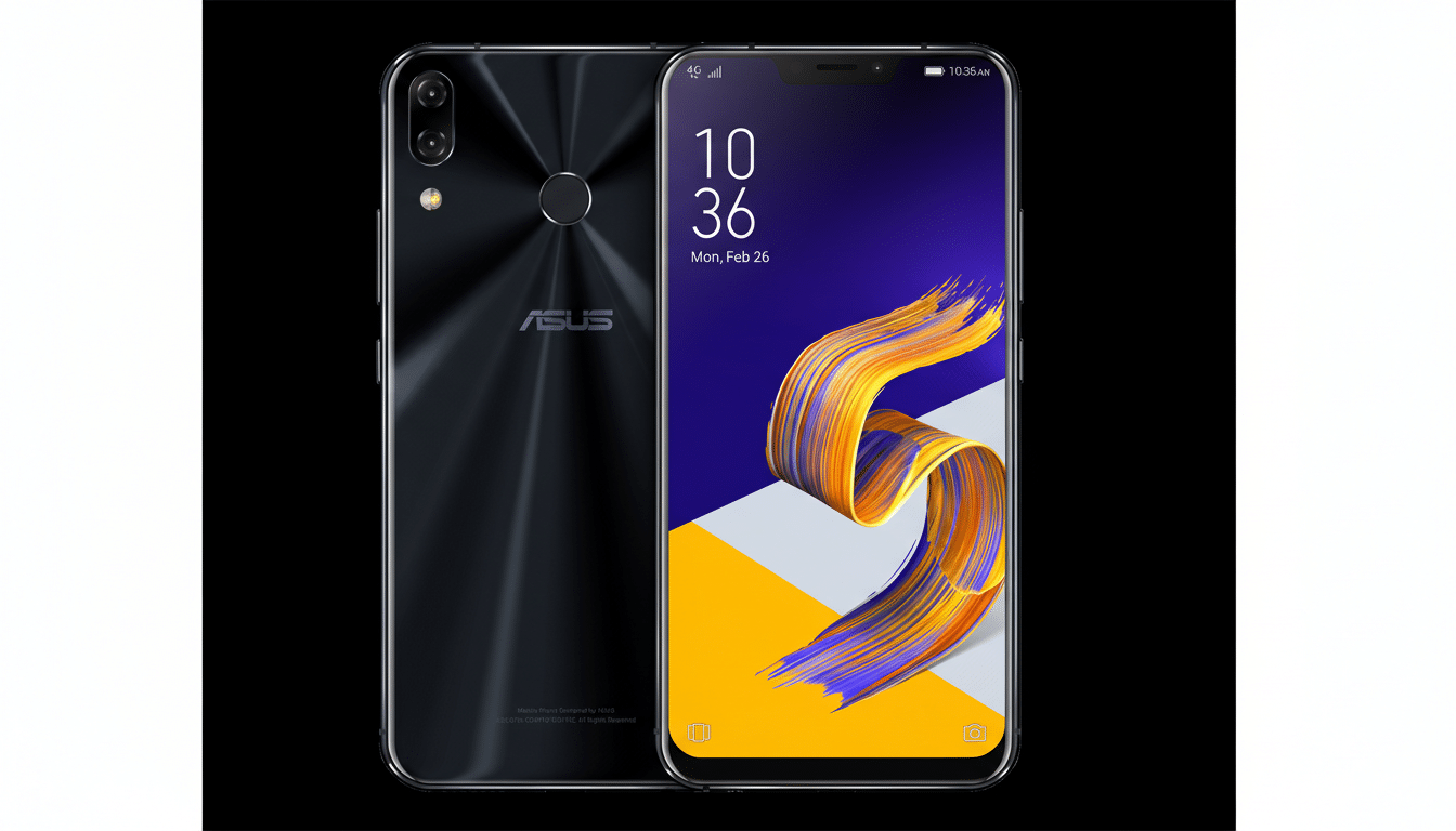 A black ASUS smartphone is displayed with its front and back visible, set against a professional flat white background with soft patterns. The phones screen shows the time 10 36 and Mon, Feb 26 with a colorful abstract wallpaper.
