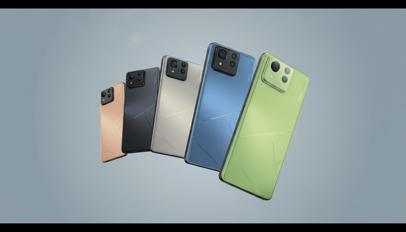 Five ASUS Zenfone smartphones in different colors (peach, black, silver, blue, and green) are arranged diagonally against a professional flat gray background.