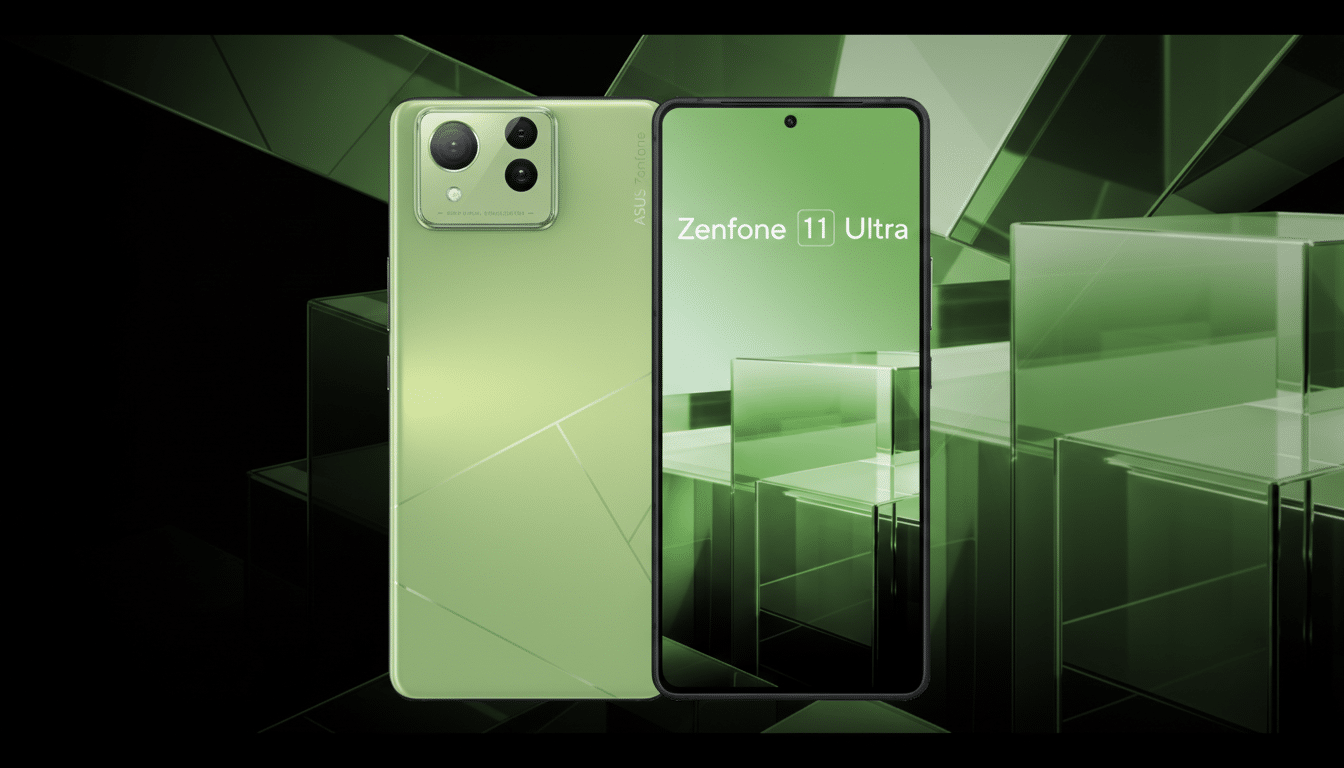 A green Asus Zenfone 11 Ultra smartphone, shown from the front and back, against a dark background with subtle green geometric patterns.