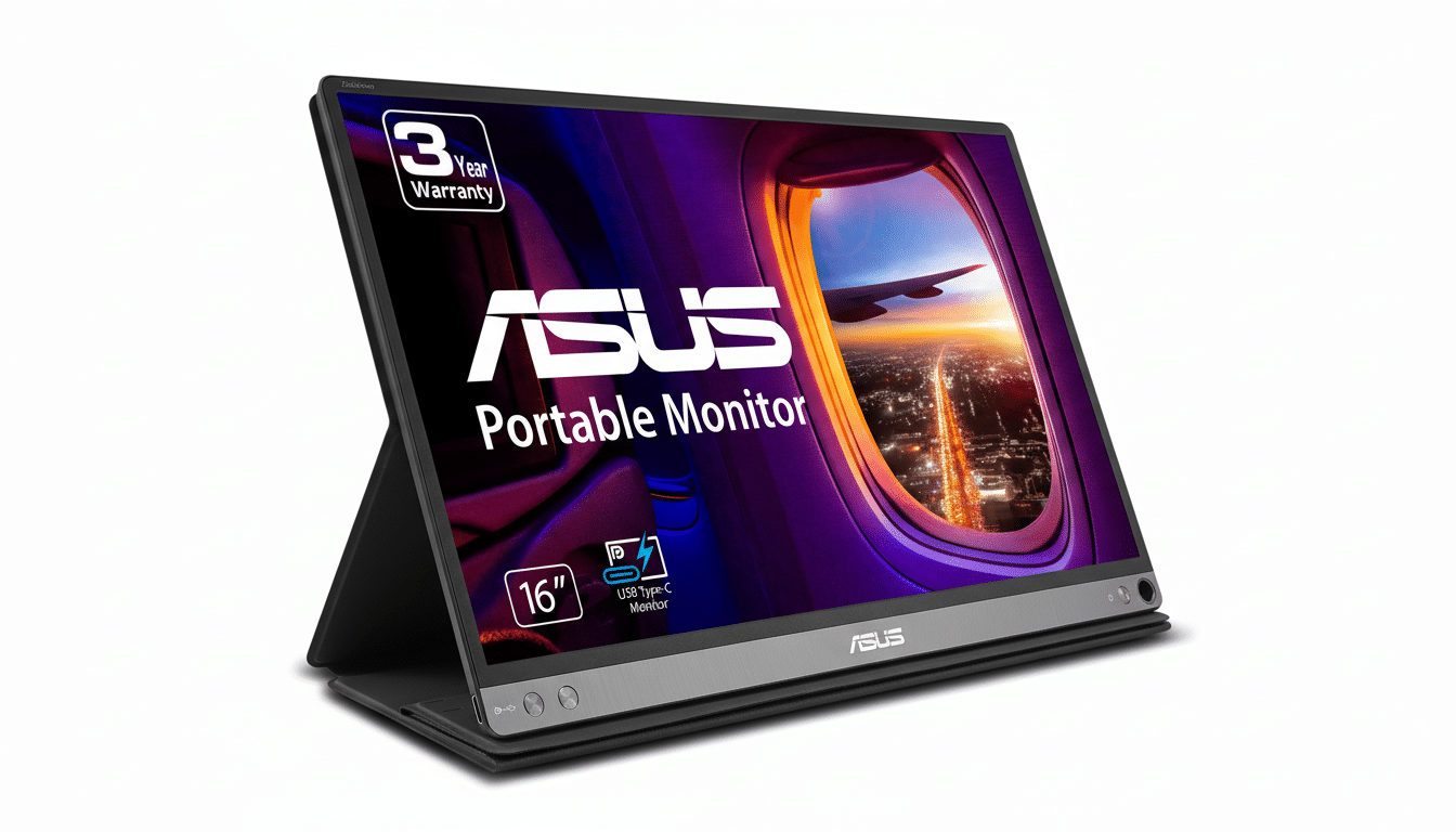 An ASUS portable monitor displayed at a 16:9 aspect ratio, showcasing a vibrant image of an airplane window view at sunset.