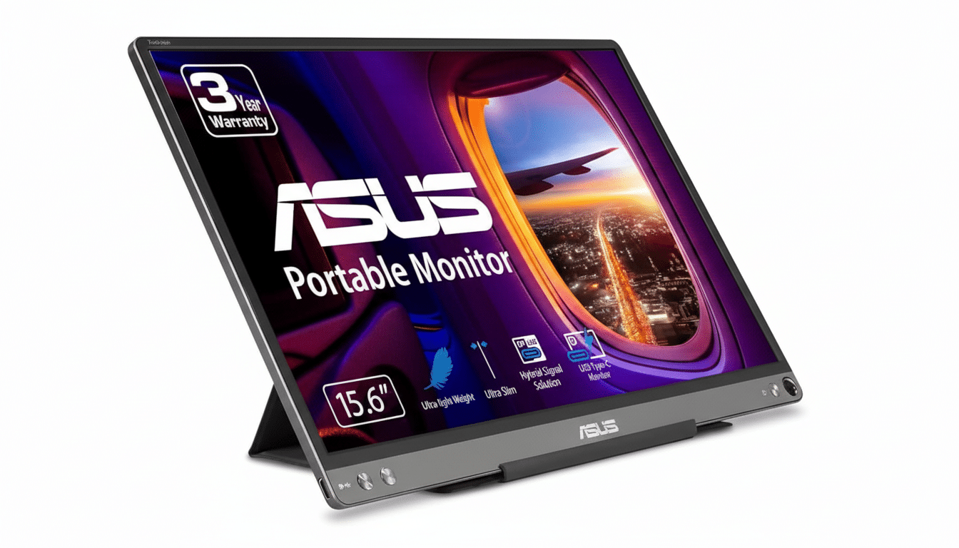An ASUS portable monitor displayed at a slight angle, showcasing its screen with an airplane window view and product features, set against a clean white background.