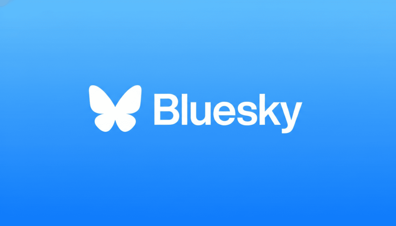The Bluesky logo, featuring a white butterfly icon next to the word Bluesky in white text, set against a vibrant blue gradient background. The image has been resized to a 16:9 aspect ratio.