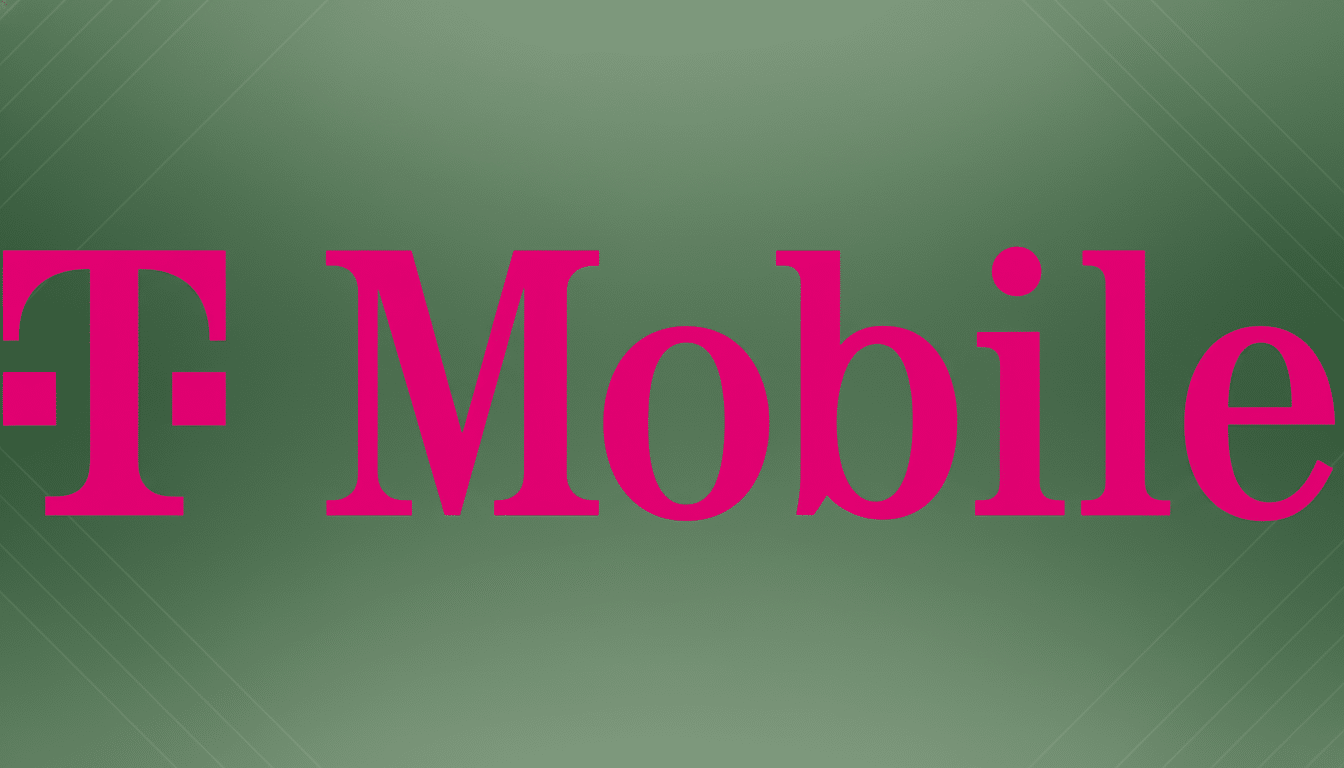 The T-Mobile logo, featuring the word T-Mobile in bright magenta, set against a professional dark green background with subtle diagonal line patterns.