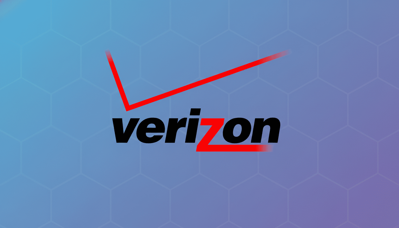 The Verizon logo, featuring the word verizon in black lowercase letters with a red z and a red checkmark above, set against a professional flat design background with soft blue and purple gradients and a subtle hexagonal pattern.