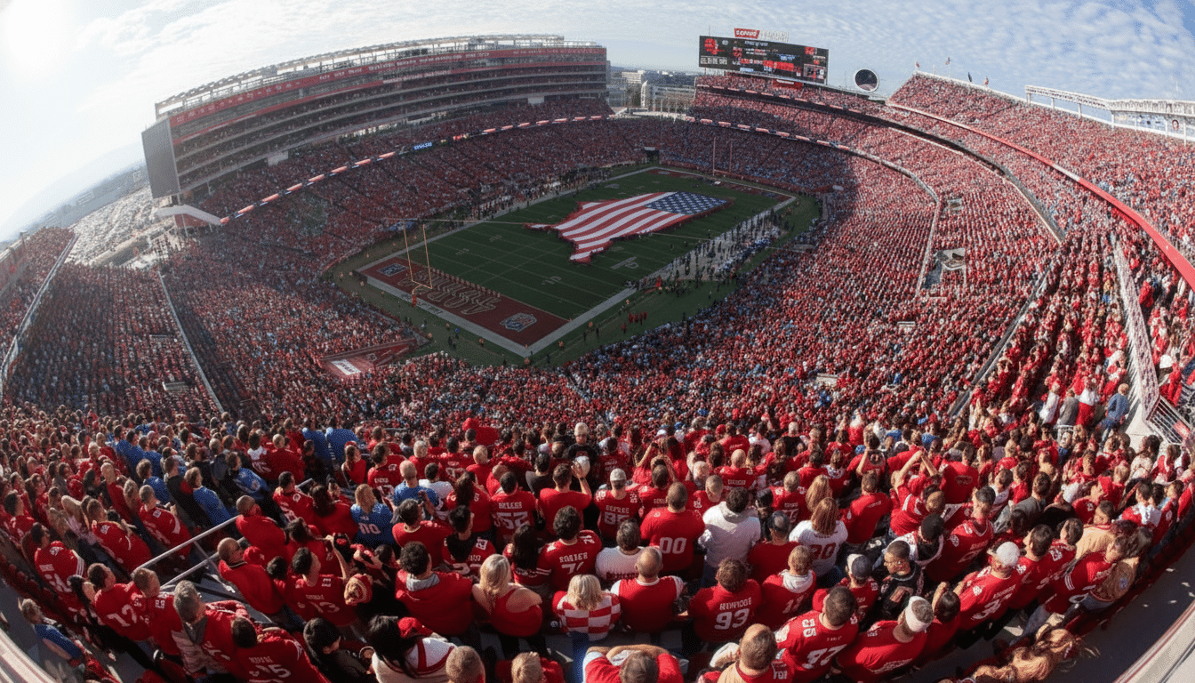 An American football stadium filled with fans, with a large American flag displayed on the field.