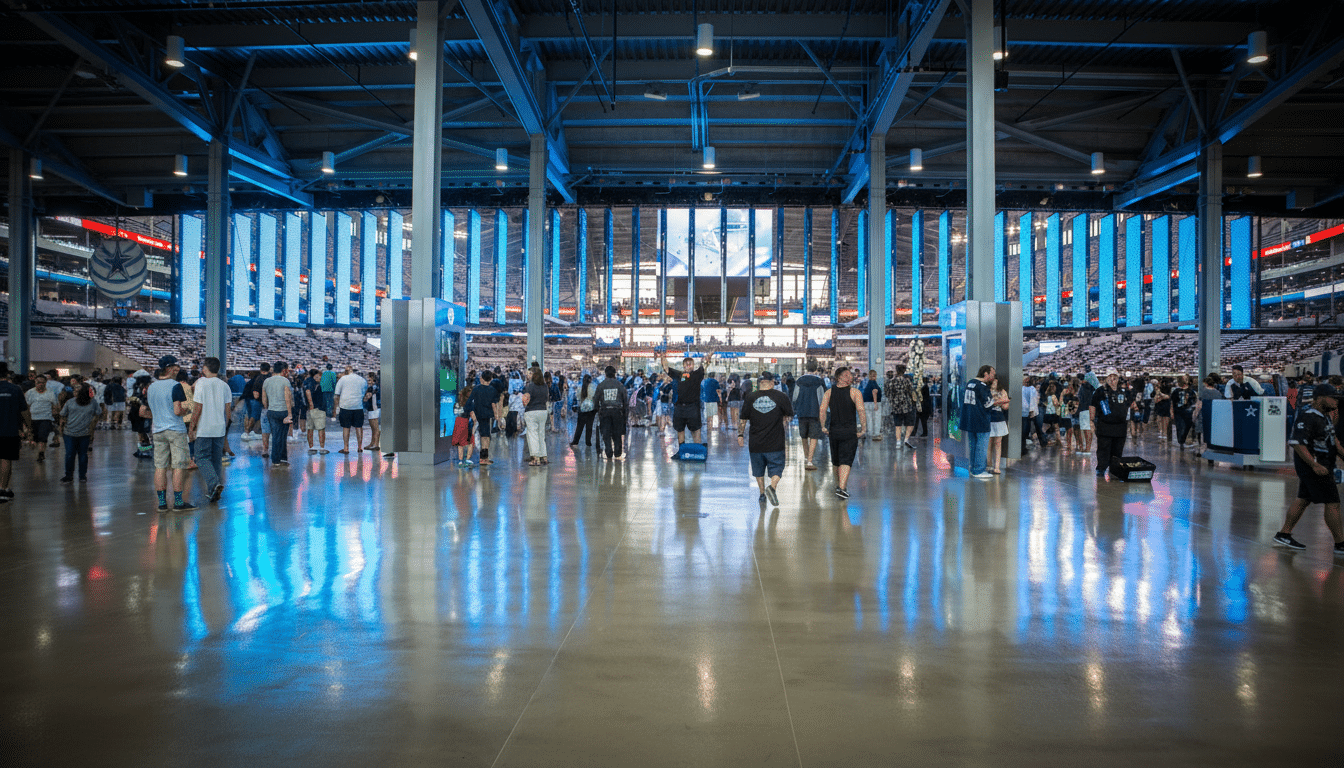 A wide shot of a large crowd of people walking through a brightly lit, modern stadium concourse with blue lighting reflecting on the polished floor.