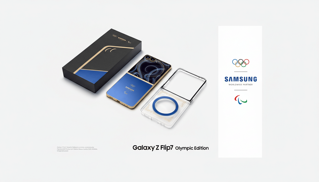 A Samsung Galaxy Z Flip7 Olympic Edition phone, its box, and a clear case with an Olympic ring design, all presented on a white background with the Olympic and Paralympic logos and Samsung branding.