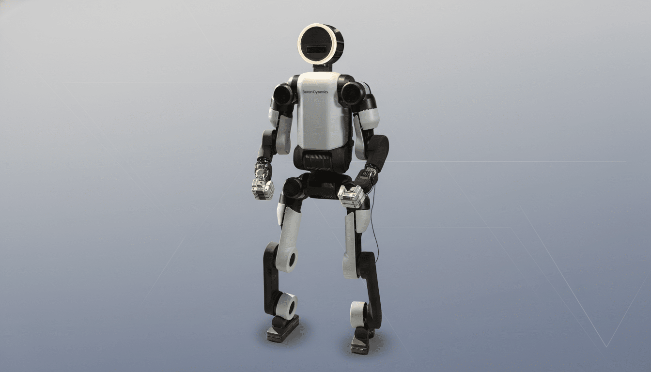 A Boston Dynamics robot standing upright, presented against a professional flat design background with soft gradients.