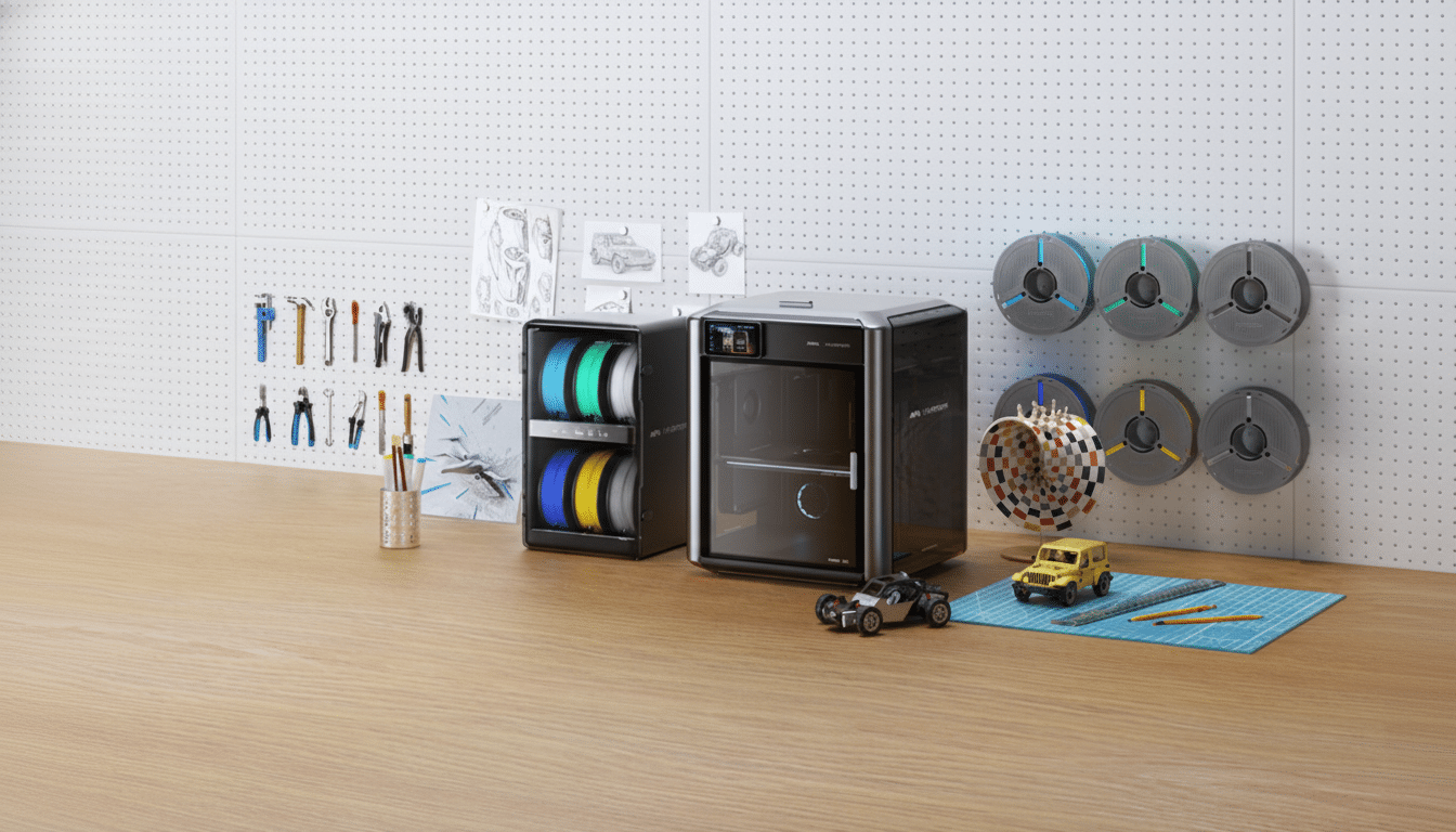 A 3D printer and filament storage unit on a wooden desk, surrounded by tools, sketches, and small 3D-printed models, set against a white pegboard wall.