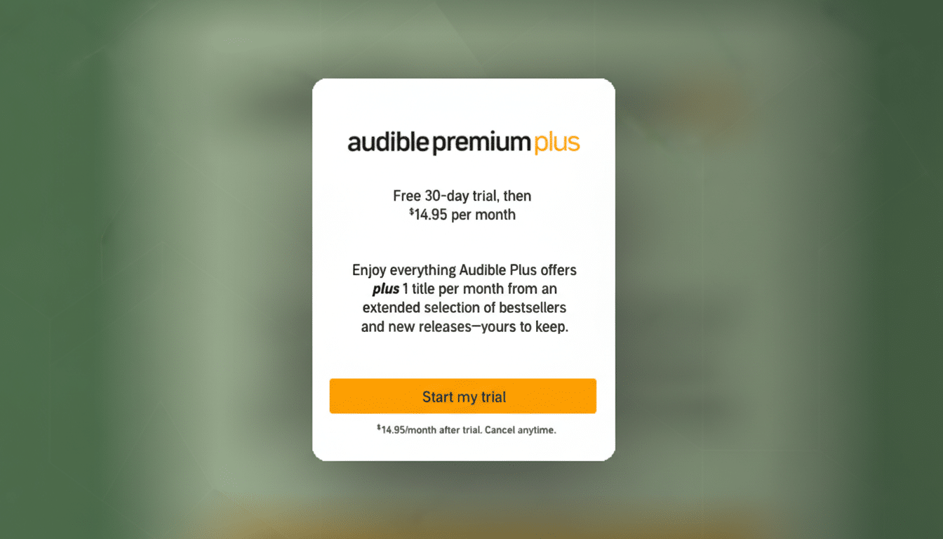 An Audible Premium Plus advertisement with a 16:9 aspect ratio, featuring a white card with the Audible logo, trial details, and a Start my trial button, set against a professional flat design background with soft patterns and gradients.