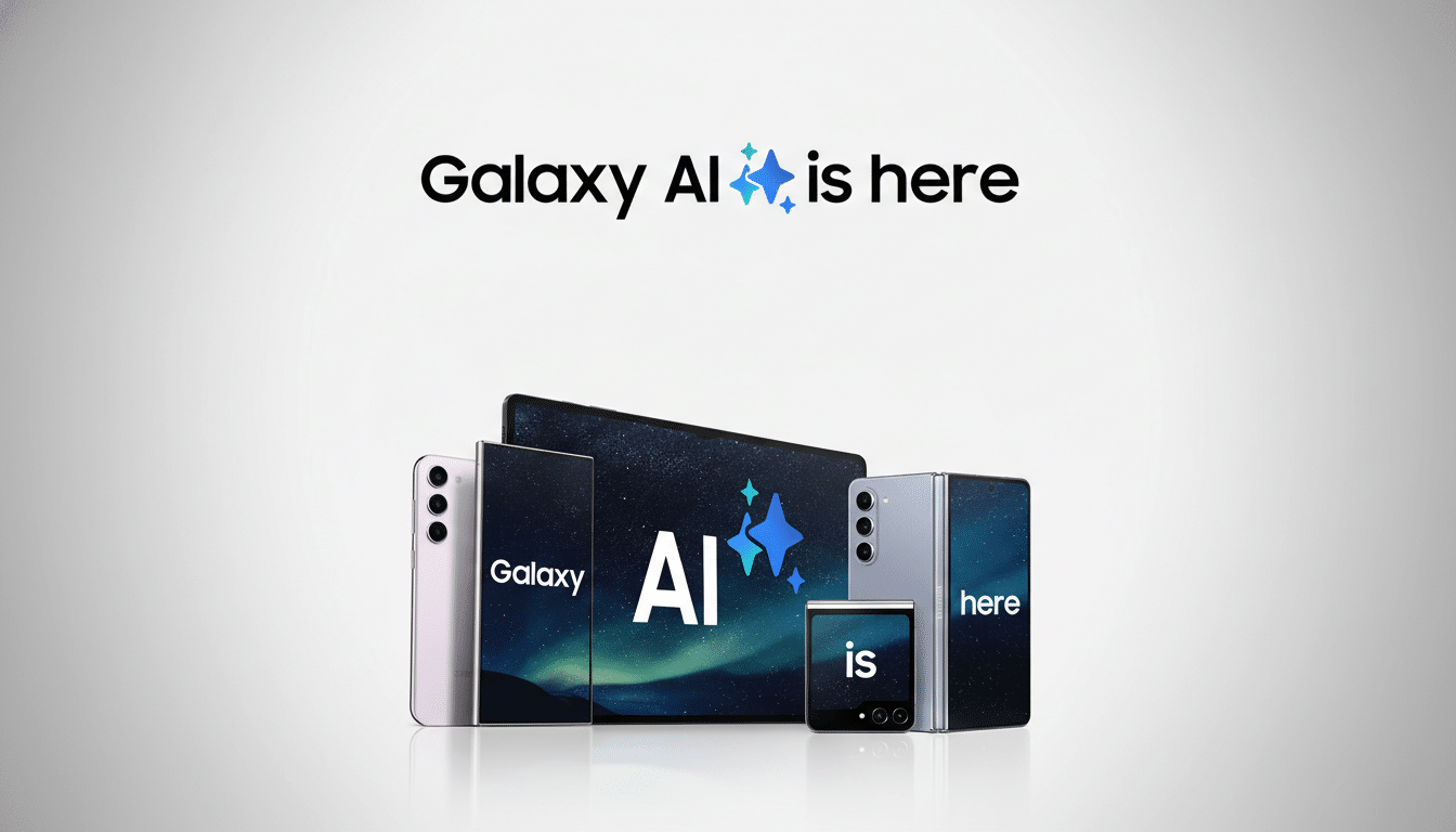 A 16:9 aspect ratio image featuring various Samsung Galaxy devices, including smartphones and a tablet, arranged with the text Galaxy AI is here above them. The background is a professional flat design with a soft gradient.