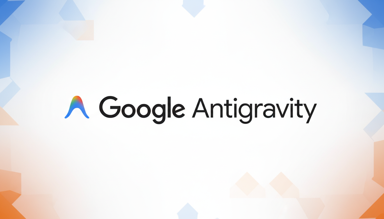 The Google Antigravity logo on a white background with a professional flat design featuring soft blue and orange geometric patterns in the corners.