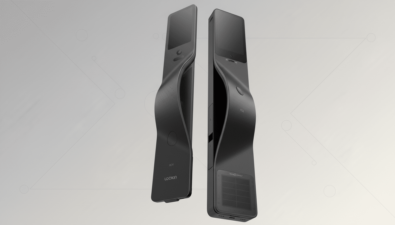 A pair of sleek, black smart door locks with screens, presented at an angle on a professional light gray background with subtle geometric patterns.