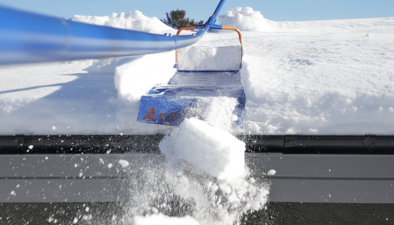 A blue and orange snow rake is actively pulling a large amount of snow off a roof, with snow falling and scattering in the foreground.