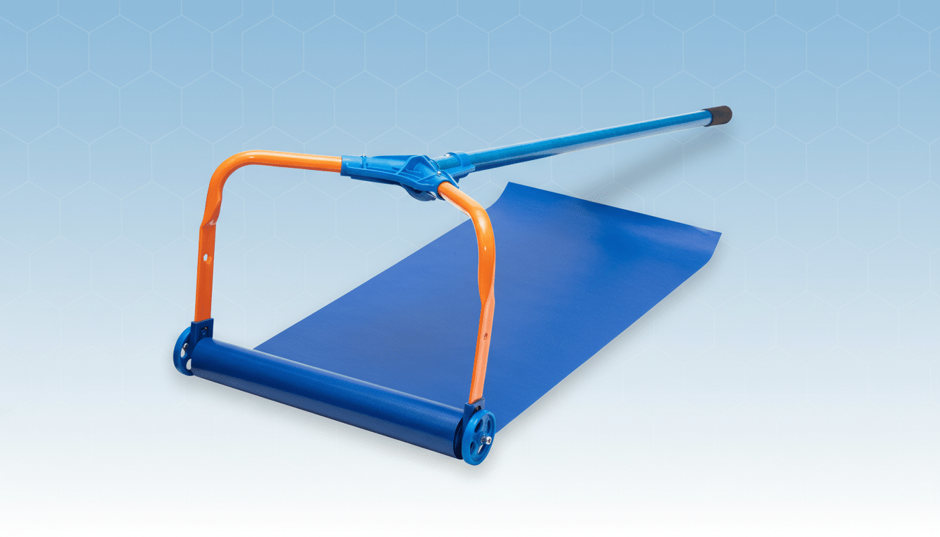 A blue and orange roof rake with a long handle and a wide blue fabric blade, set against a professional light blue background with subtle geometric patterns.