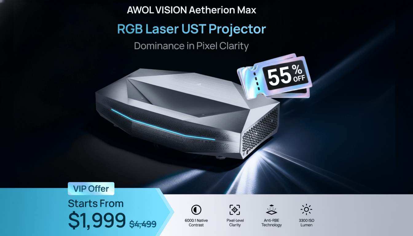 A 16:9 aspect ratio image of an AWOL VISION Aetherion Max RGB Laser UST Projector, with a 55% off coupon and VIP offer details.