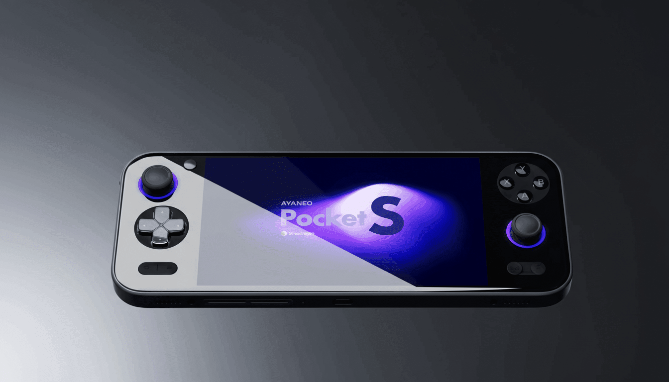 A sleek, black and silver handheld gaming console with glowing blue accents on the joysticks, displaying the AYANEO Pocket S logo on its screen, set against a dark gray background.