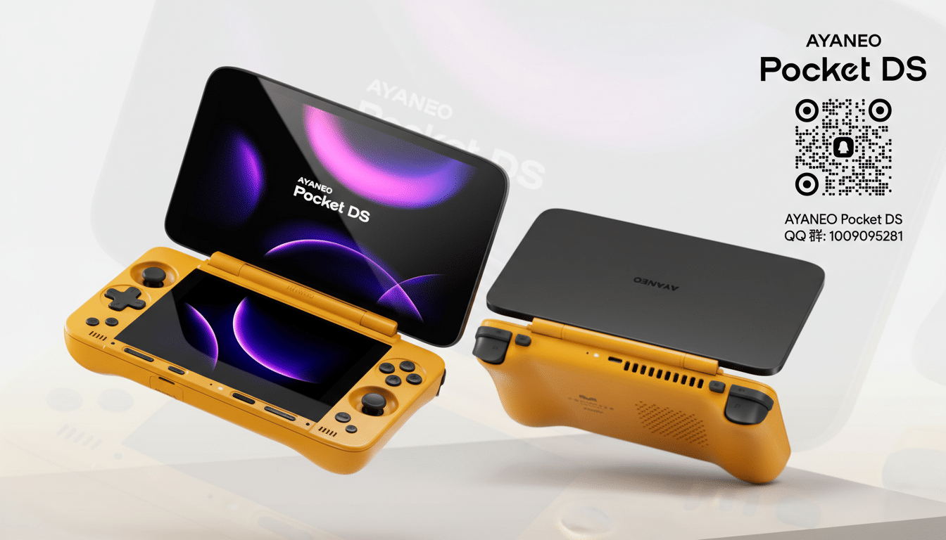 A professional image of the AYANEO Pocket DS handheld gaming console, presented in a 16:9 aspect ratio. The console is shown in a vibrant orange color with black accents, featuring two screens displaying purple and pink abstract graphics. The background is a subtle, light gray gradient with soft, barely visible patterns, maintaining a clean and professional aesthetic. The AYANEO Pocket DS logo and a QR code are visible in the upper right corner.