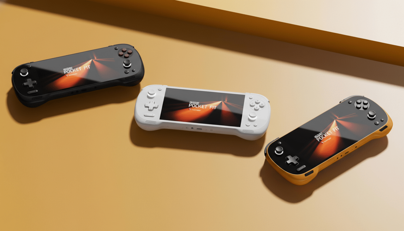 Three handheld gaming devices, one black, one white, and one yellow, are displayed on a professional flat design background with soft patterns and gradients.