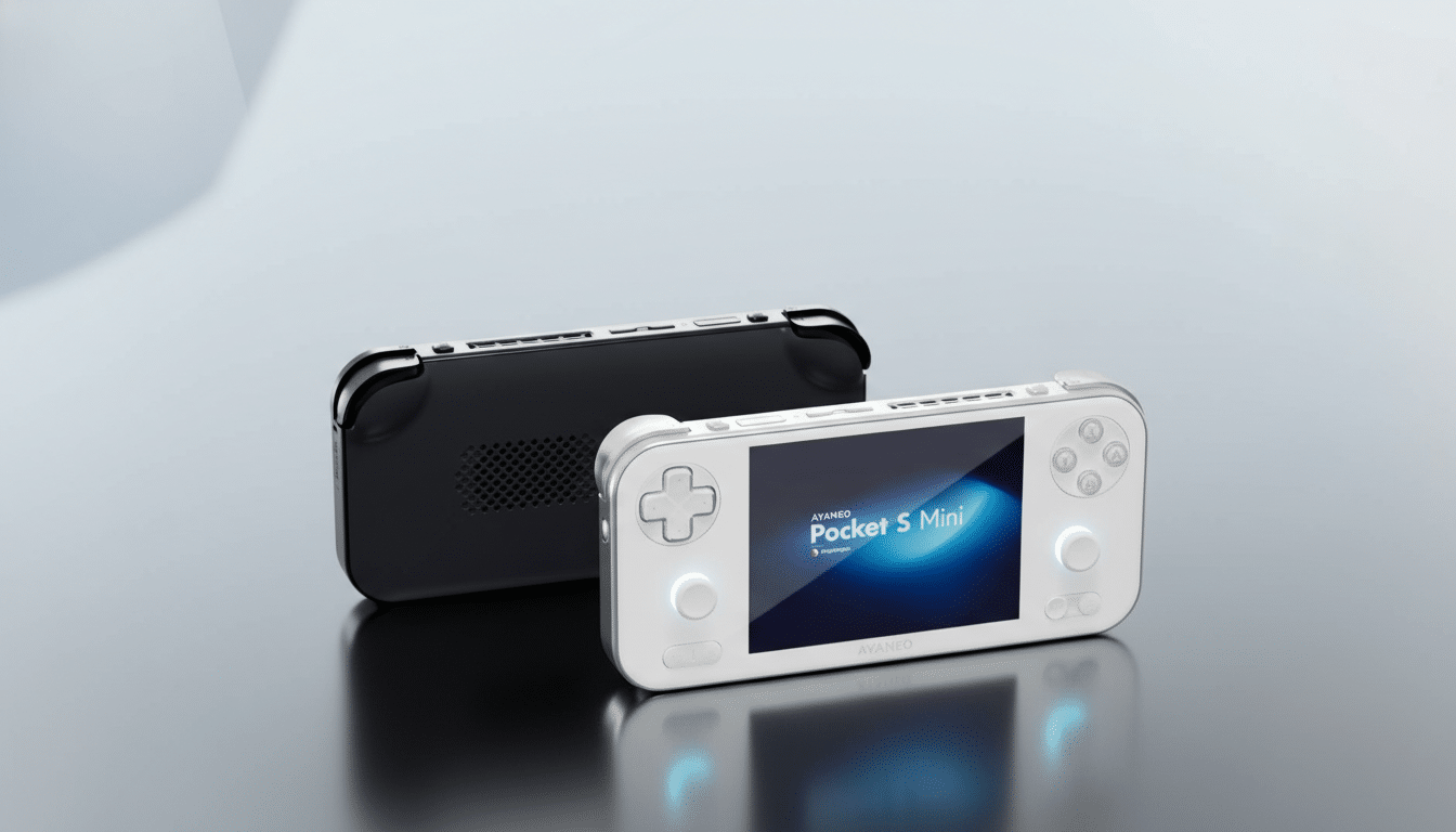 A white AYANEO Pocket S Mini handheld gaming console with glowing blue joysticks is displayed in the foreground, with a black version of the console lying behind it.