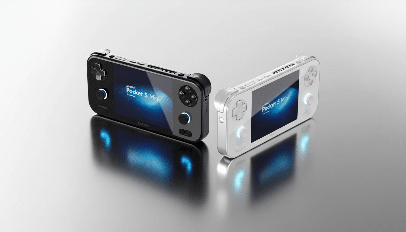 Two AYANEO Pocket S Mini handheld gaming consoles, one black and one white, are displayed on a reflective surface.