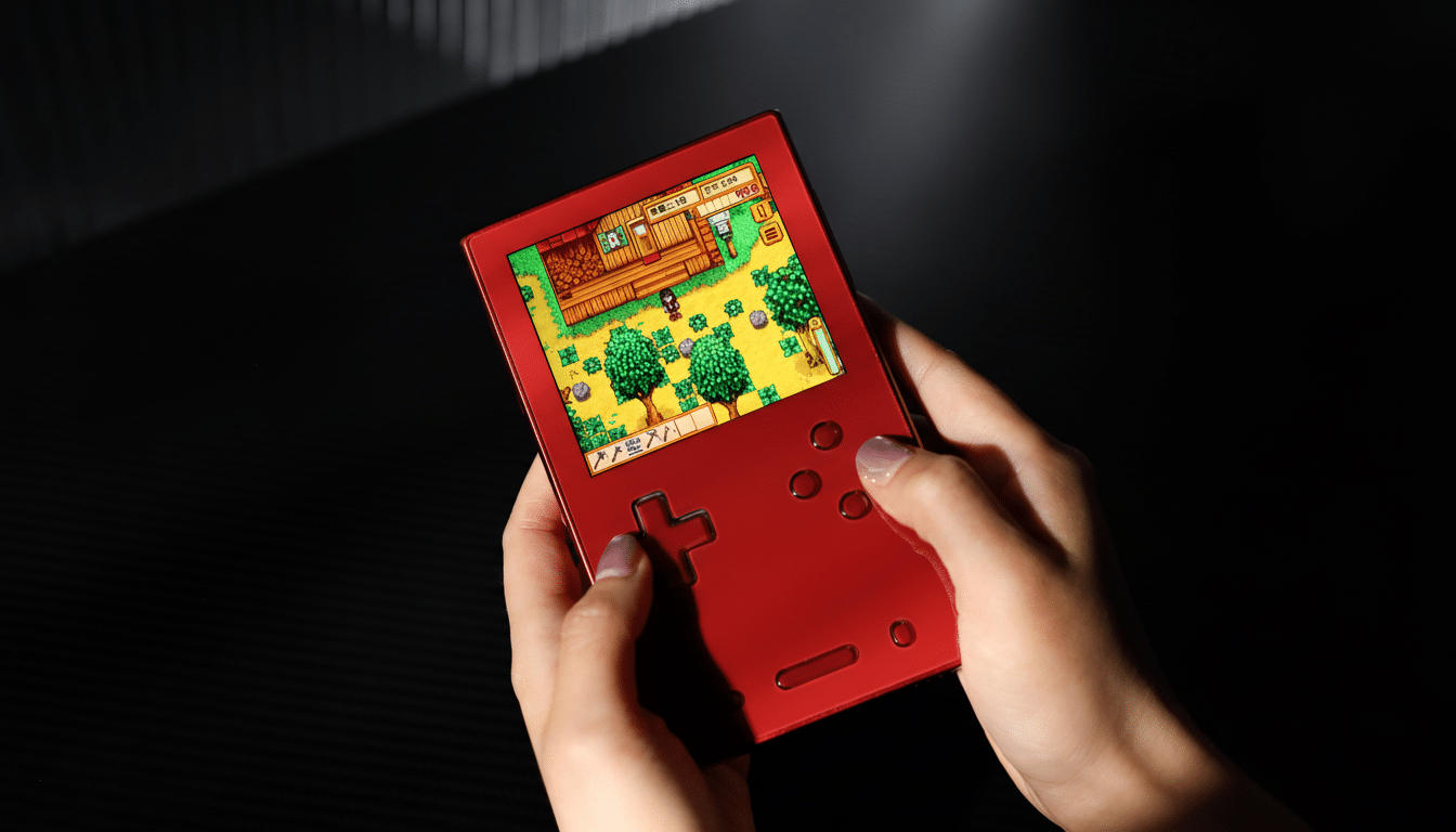 A persons hands holding a red handheld gaming device, playing a pixelated farming simulation game. The device is illuminated by a beam of light against a dark, textured background.