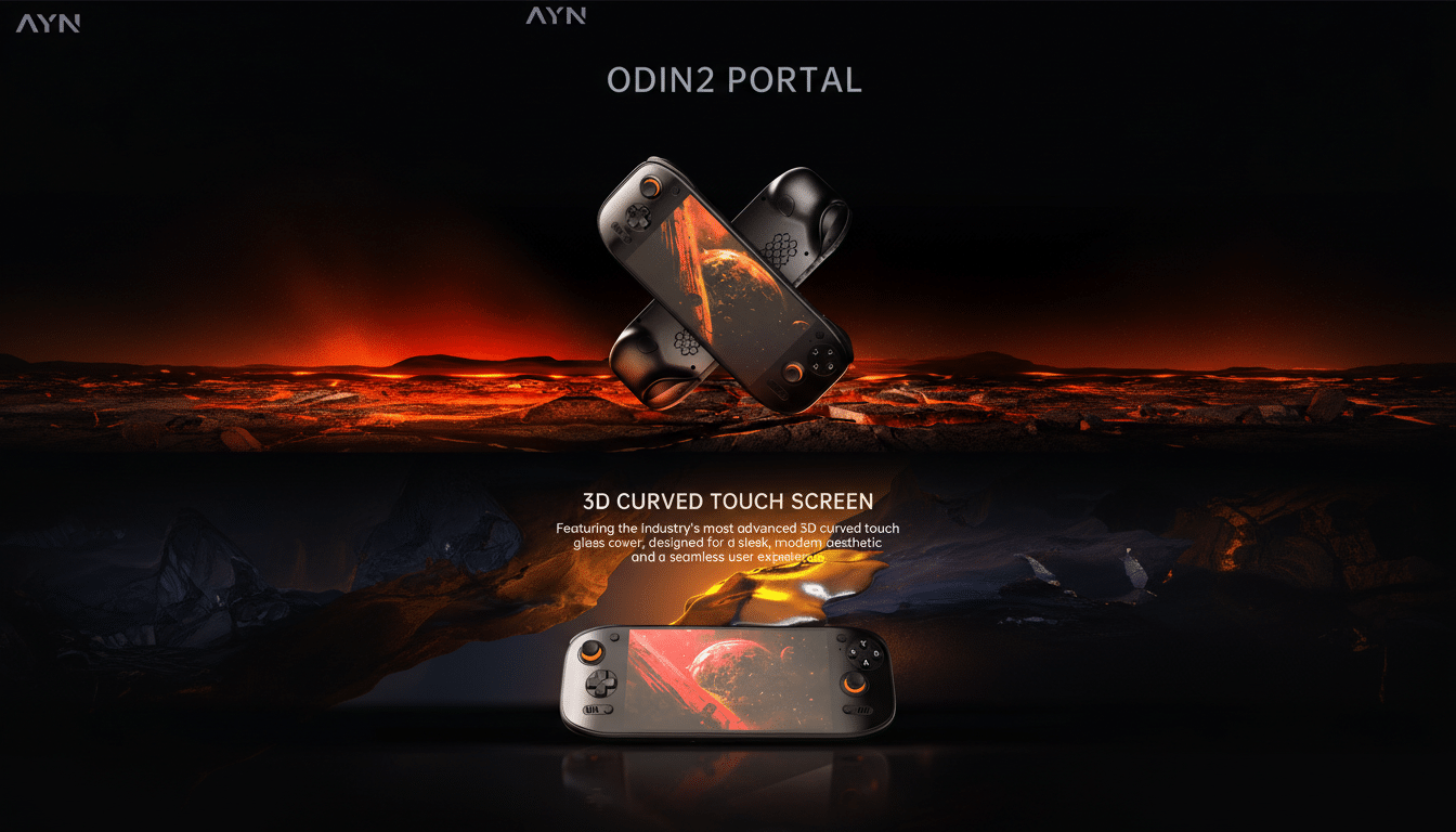 A 16:9 aspect ratio image of the AYANEO Odin2 Portal handheld gaming device, professionally enhanced. The device is shown against its original dark, fiery background, with text describing its features.