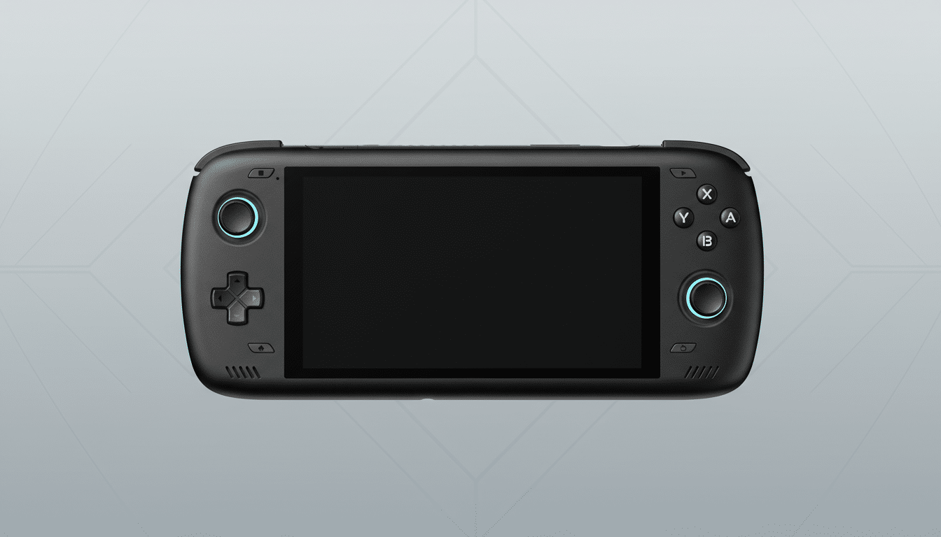 A black handheld gaming console with a blank screen, featuring blue accents on the joysticks, presented on a professional flat gray background with subtle geometric patterns.