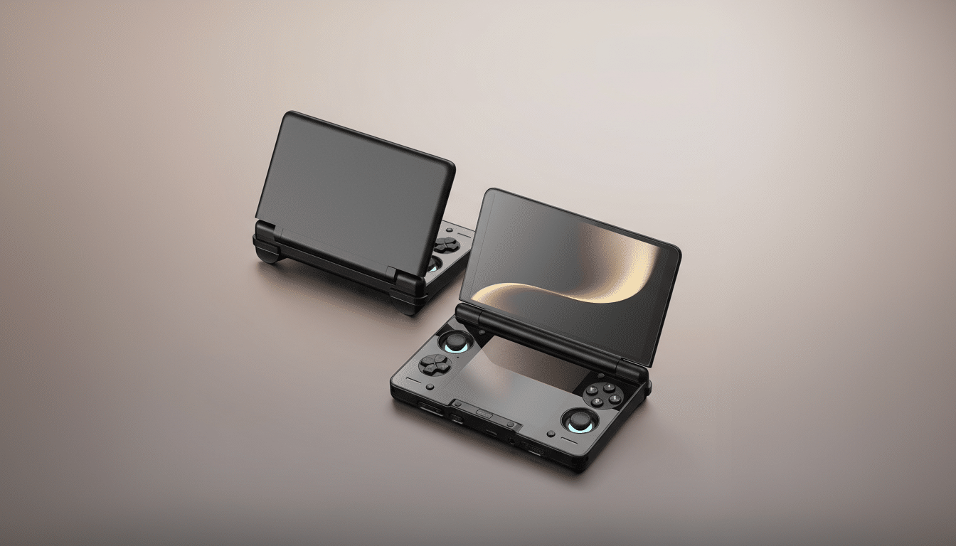 Two black handheld gaming devices with screens open, one facing forward and the other angled slightly away, on a smooth, gradient brown surface.