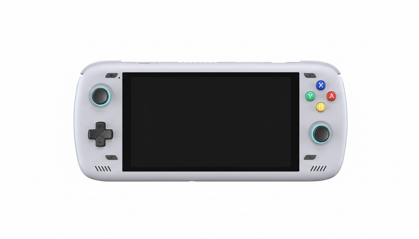 A white handheld gaming console with a black screen, a directional pad, two joysticks, and four colored action buttons (X, Y, A, B) on a clean white background.