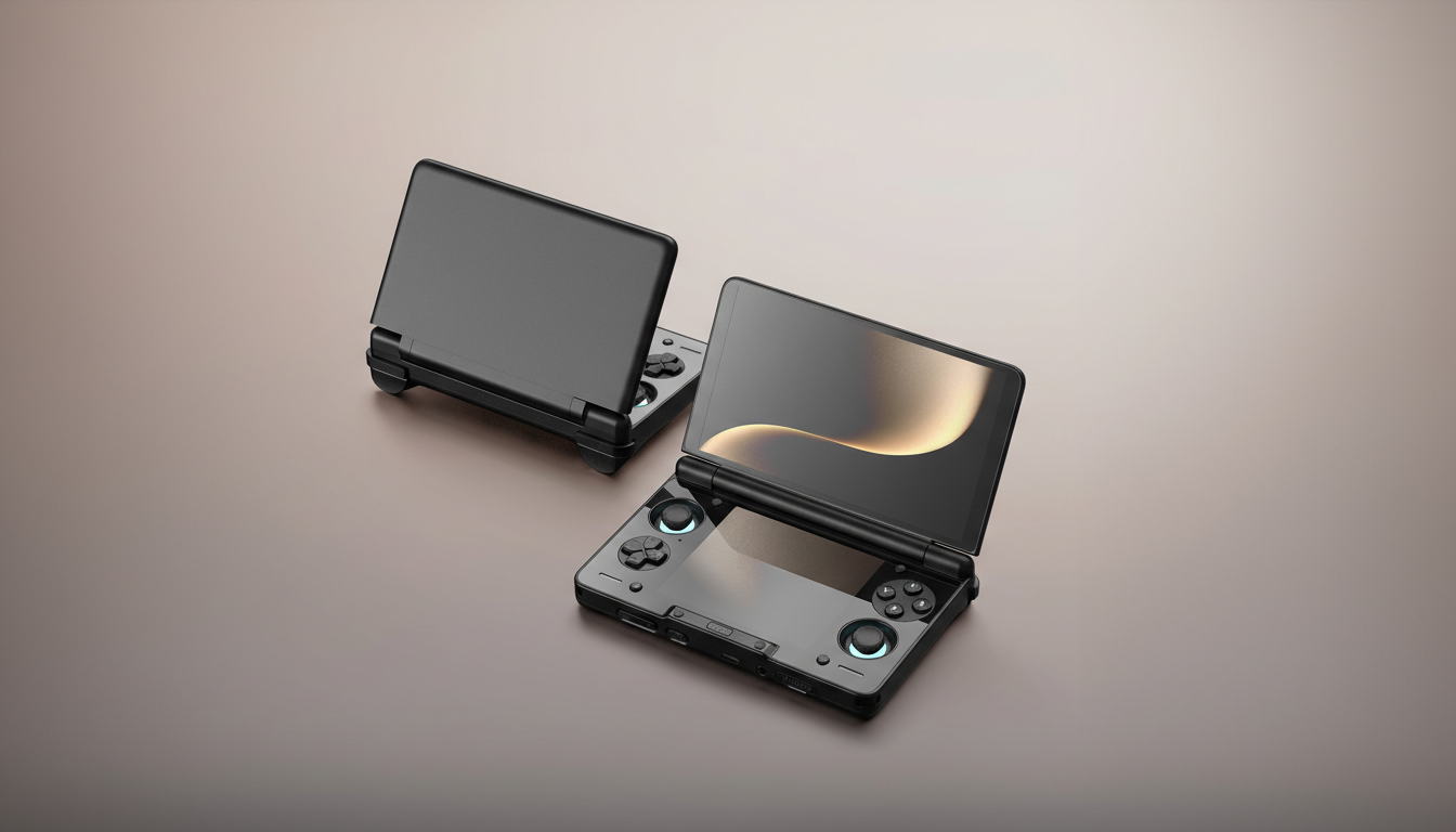 Two black handheld gaming devices are displayed on a smooth, gradient brown surface. One device is open, showing a screen with a golden, abstract design, and illuminated buttons. The other device is closed, positioned behind the open one.