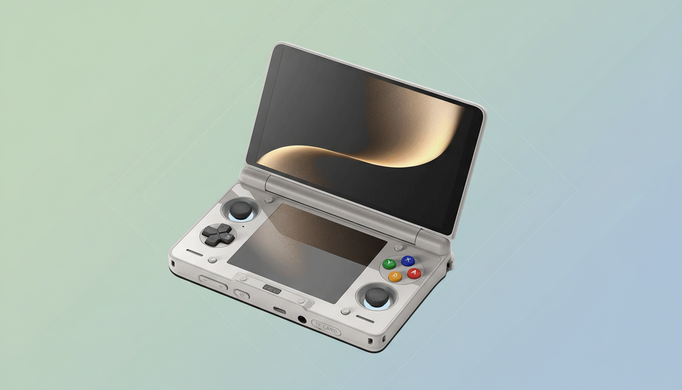 A white handheld gaming console with two screens, joysticks, and colorful buttons, set against a professional flat design background with soft green and blue gradients and subtle geometric patterns.