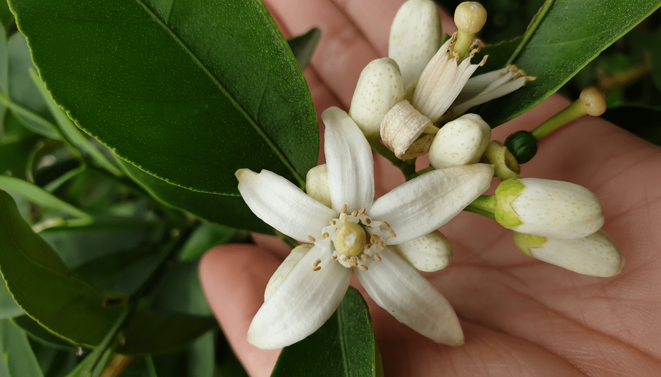 A close-up of a hand holding a branch with white citrus blossoms and green leaves, resized to a 16:9 aspect ratio.