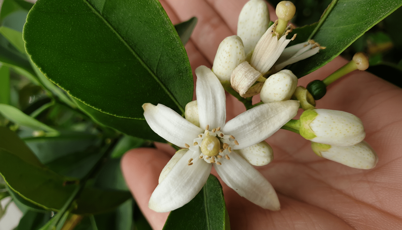 A close-up of a white citrus blossom with several buds, held in a persons hand, with green leaves in the background.