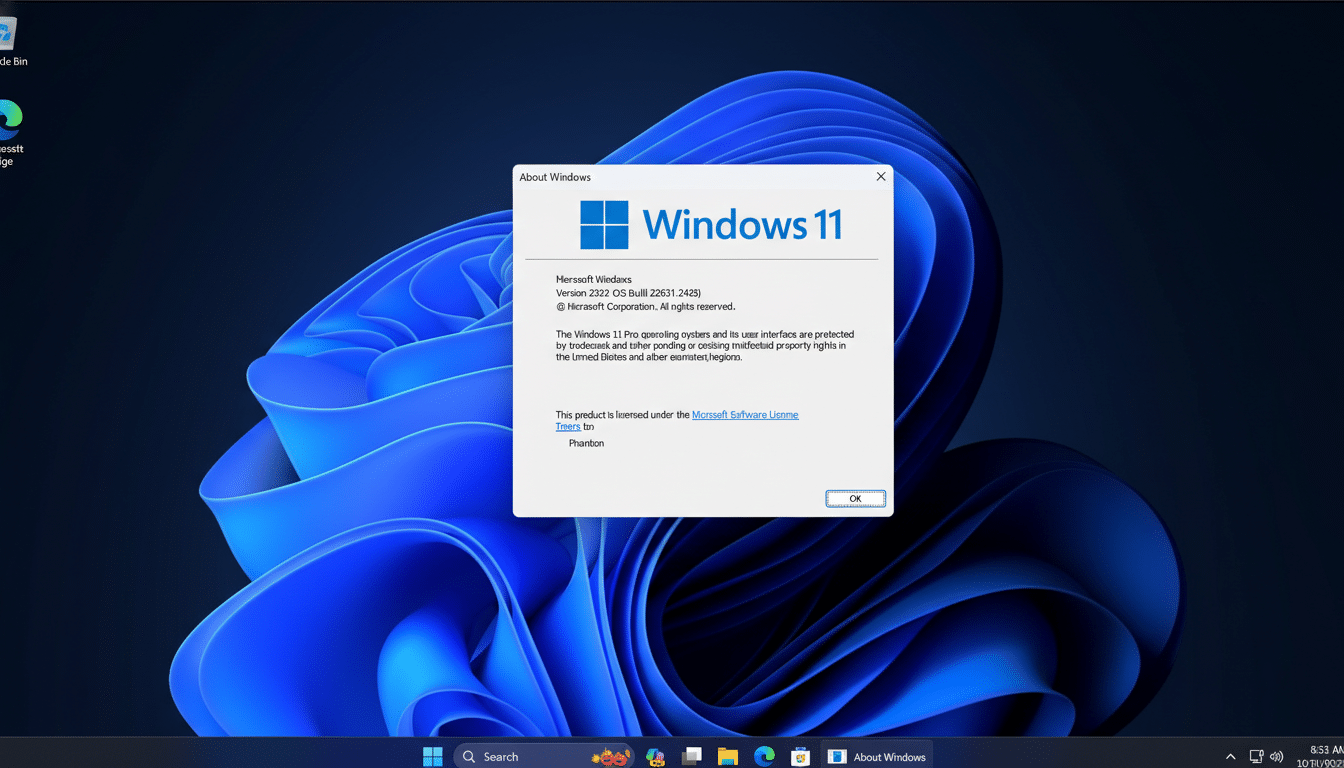 A screenshot of the About Windows dialog box on a Windows 11 desktop, resized to a 16:9 aspect ratio.