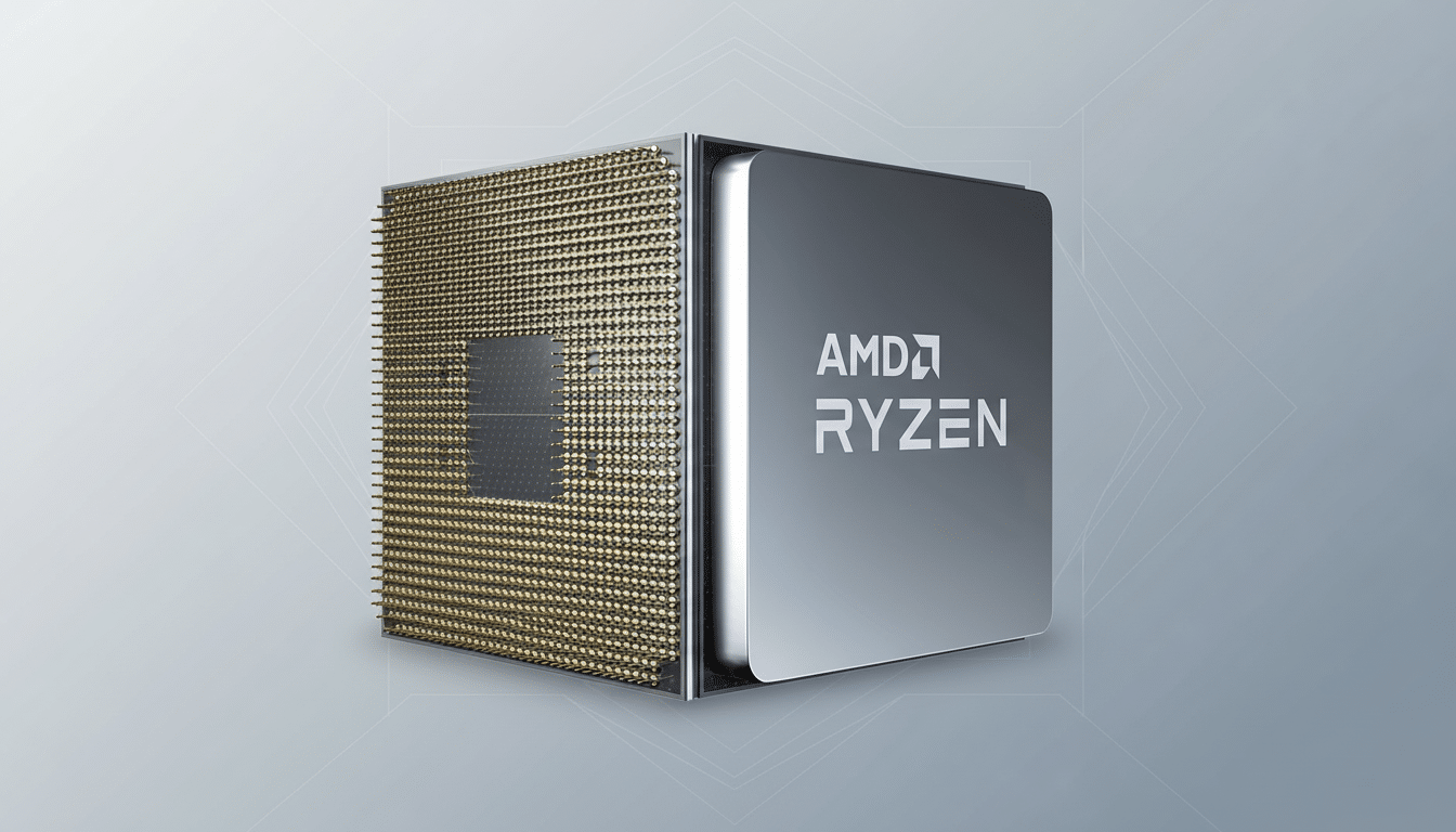 An AMD Ryzen CPU is presented on a professional flat design background with soft patterns and gradients.