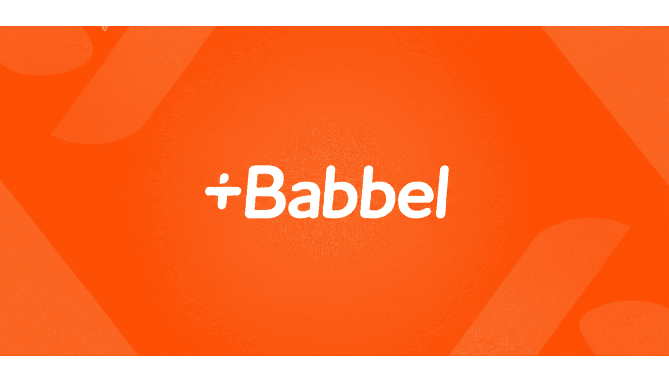 The Babbel logo, featuring the word Babbel in white with a plus sign and a division symbol integrated into the first b, set against an orange background with subtle, darker orange abstract shapes in a 16:9 aspect ratio.