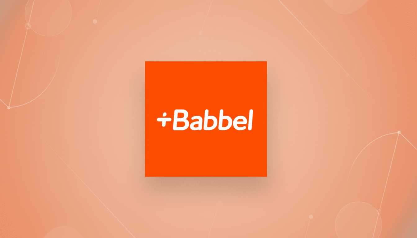 The Babbel logo, featuring the word Babbel in white text with a plus sign and a division symbol integrated into the first b, centered on an orange square. The square is set against a professional flat design background with soft patterns and gradients in shades of orange and peach.