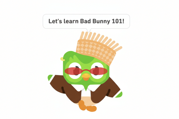 Duolingos Duo owl character dressed as Bad Bunny, wearing a brown suit, red sunglasses, and a straw hat, with a speech bubble above its head that says Lets learn Bad Bunny 101! The image is set against a plain white background.
