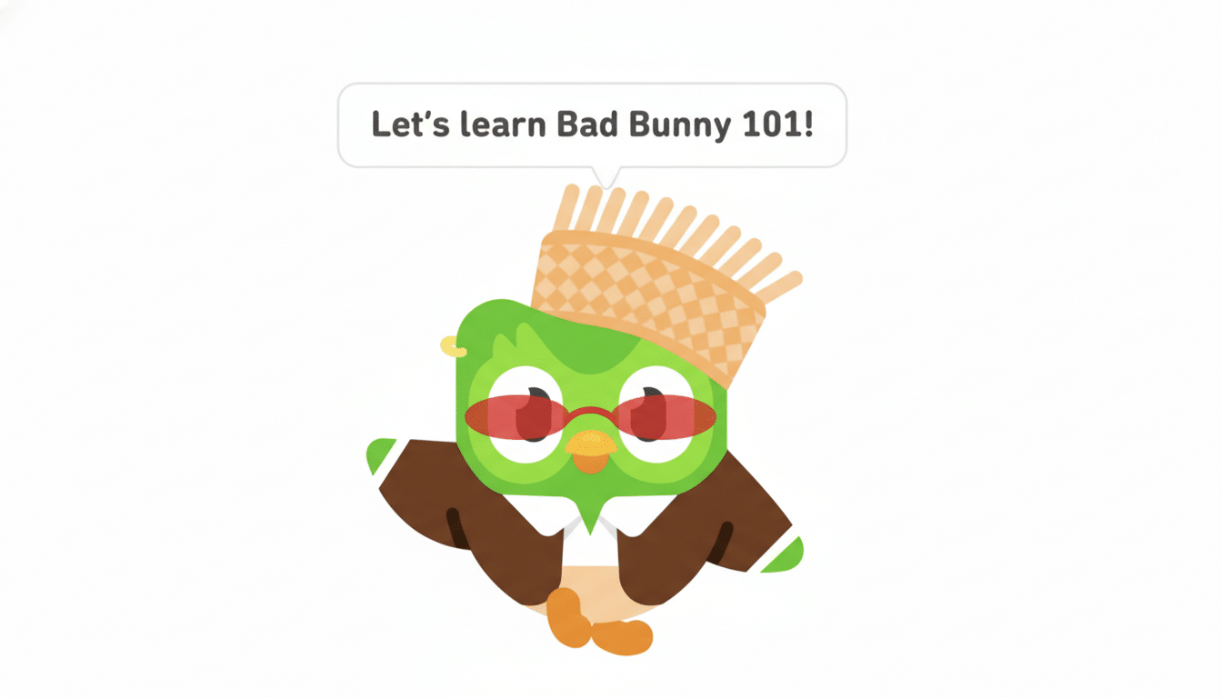 Duolingos Duo owl character dressed as Bad Bunny, wearing a brown suit, red sunglasses, and a straw hat, with a speech bubble above its head that says Lets learn Bad Bunny 101! The image is set against a plain white background.