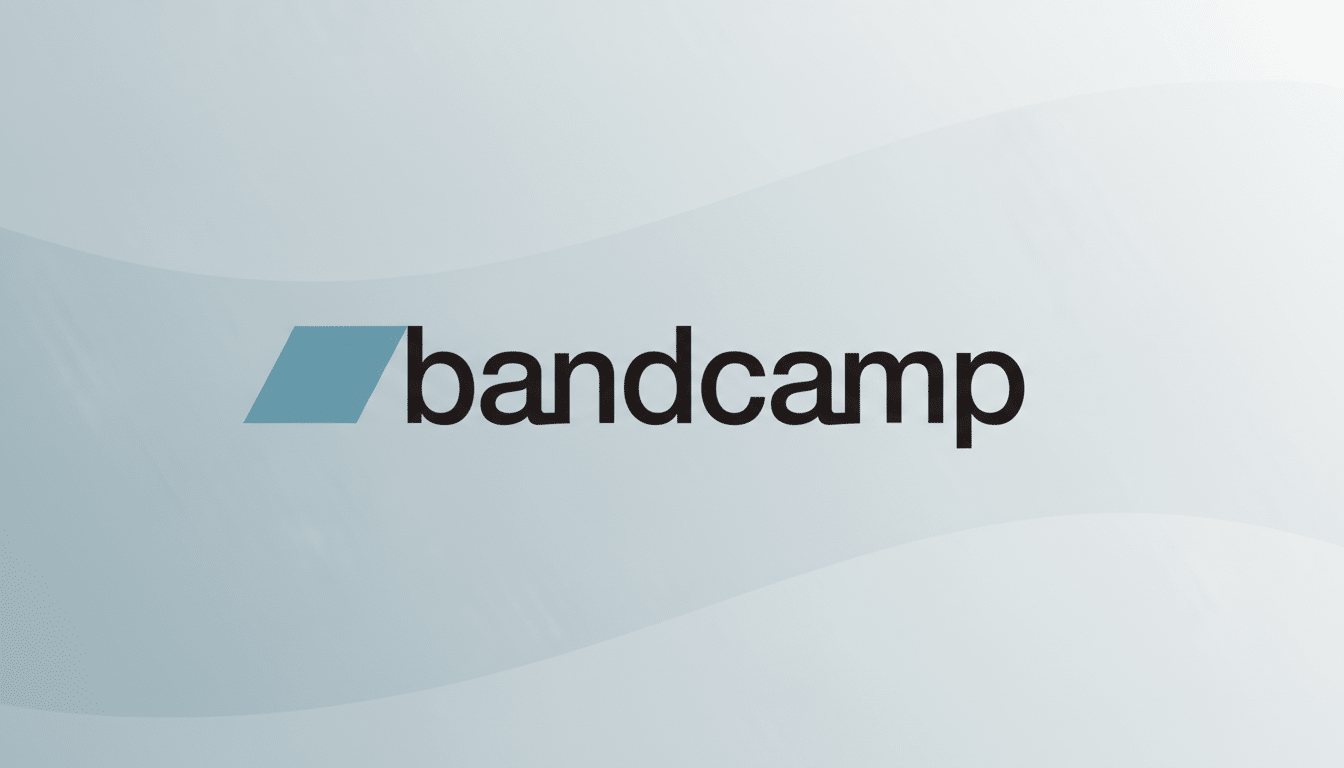 The Bandcamp logo, featuring a blue parallelogram and the word bandcamp in black, presented on a professional light gray background with subtle wave patterns.