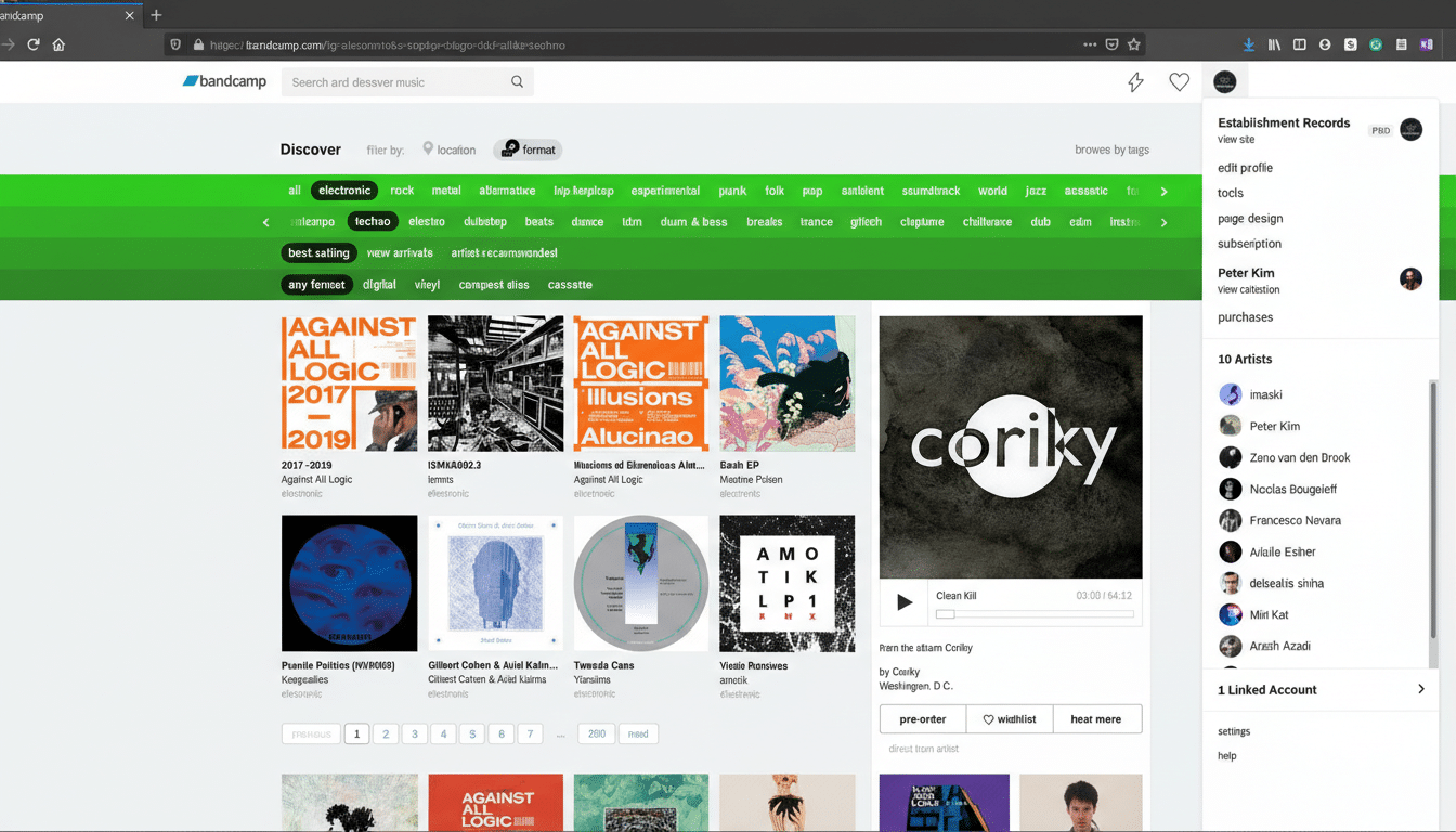 A screenshot of the Bandcamp website, displaying various album covers and music genres.