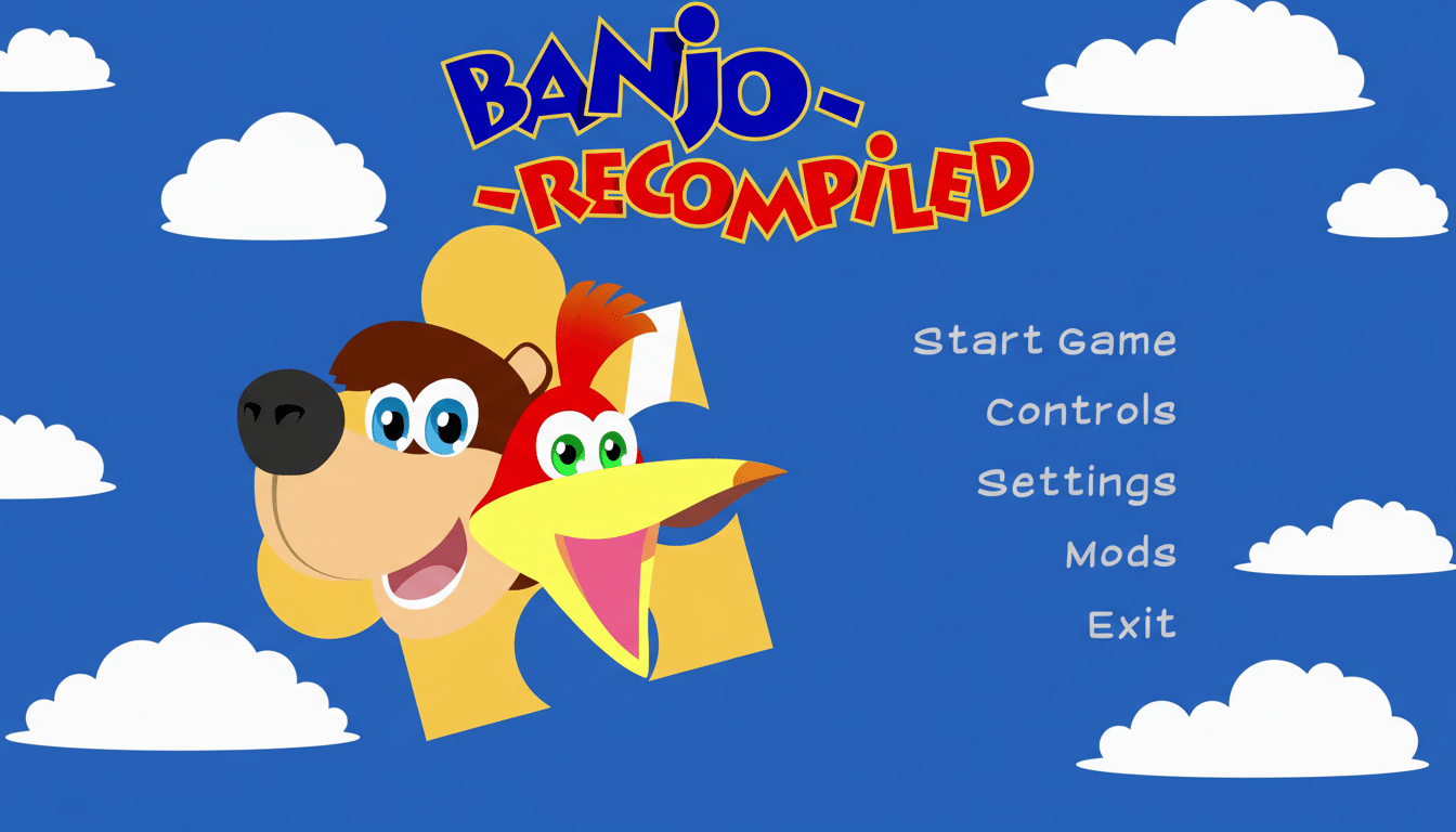 The title screen for Banjo-Recompiled featuring Banjo and Kazooie characters, with game menu options on a blue background with clouds.