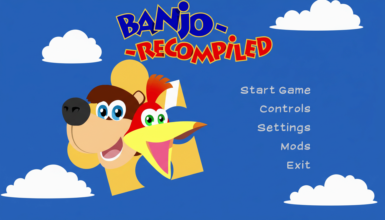The title screen for Banjo-Recompiled featuring Banjo and Kazooies faces, the game title, and menu options on a blue background with clouds.