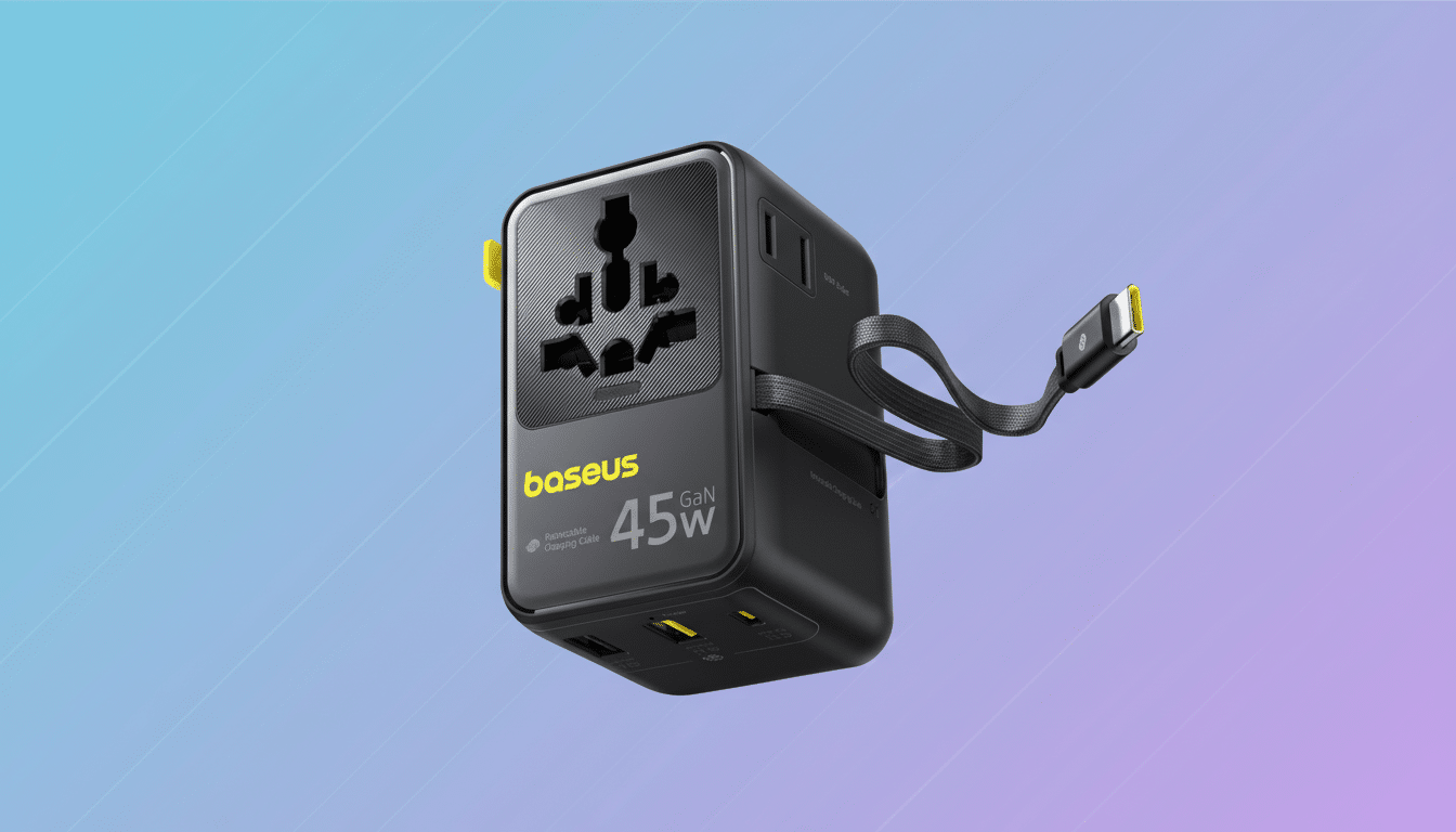 A black Baseus 45W GaN retractable charging cable adapter with multiple international plug types, set against a professional gradient background of soft blue and purple.