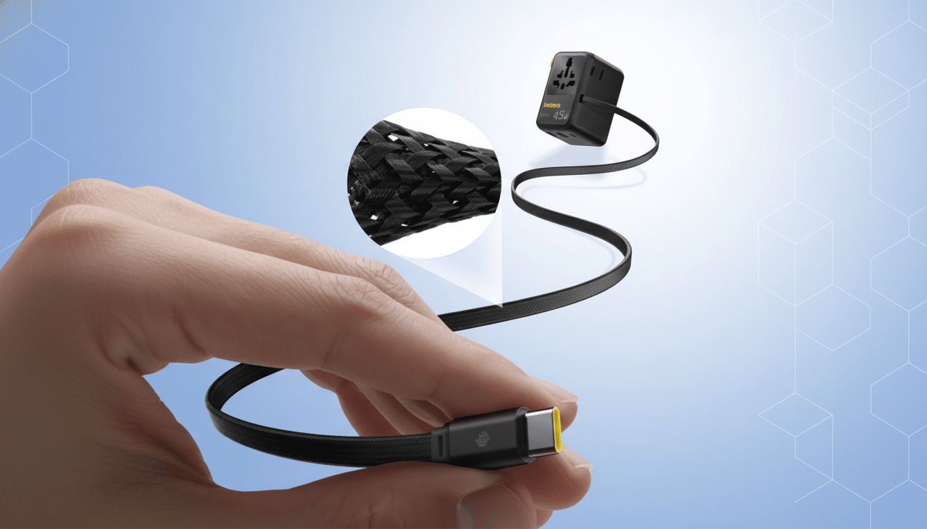 A hand holding a black USB-C cable with a yellow tip, connected to a black travel adapter, against a blue background with subtle geometric patterns.
